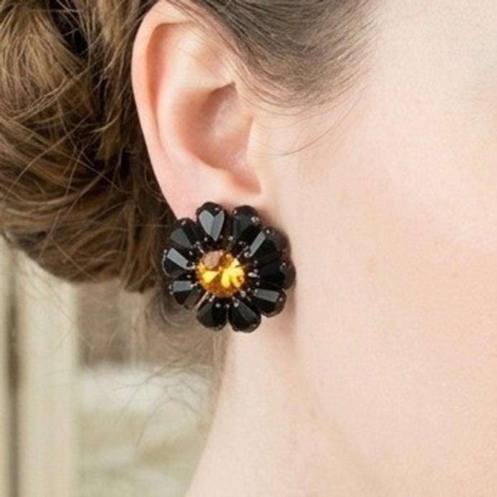 Vintage NOS Black Glass Honey Rhinestone Flower Cluster Clip Earrings